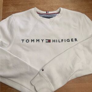 Tommy Hilfiger White Crewneck with Navy Logo and Flag Detail